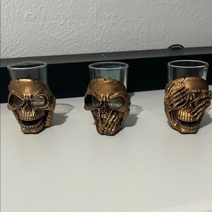 Edgy Gold Skull Shot Glasses/candle holders Trio